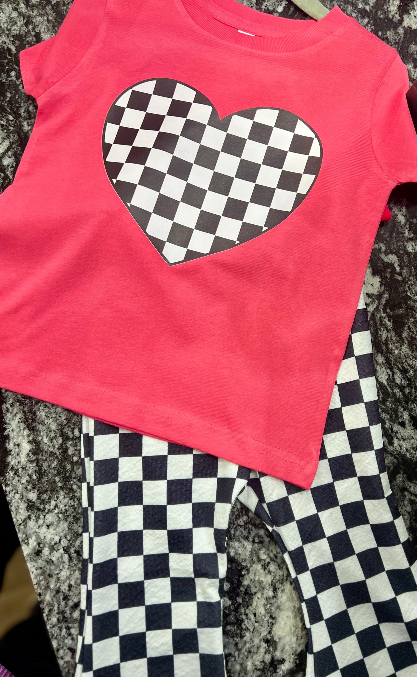Girls Pink Checkered Heart Tee