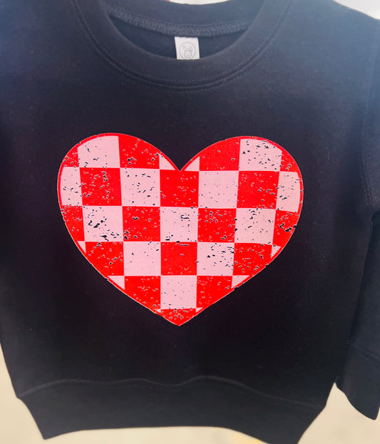 Checkered Heart Black Crewneck in Toddler, Youth & Adult