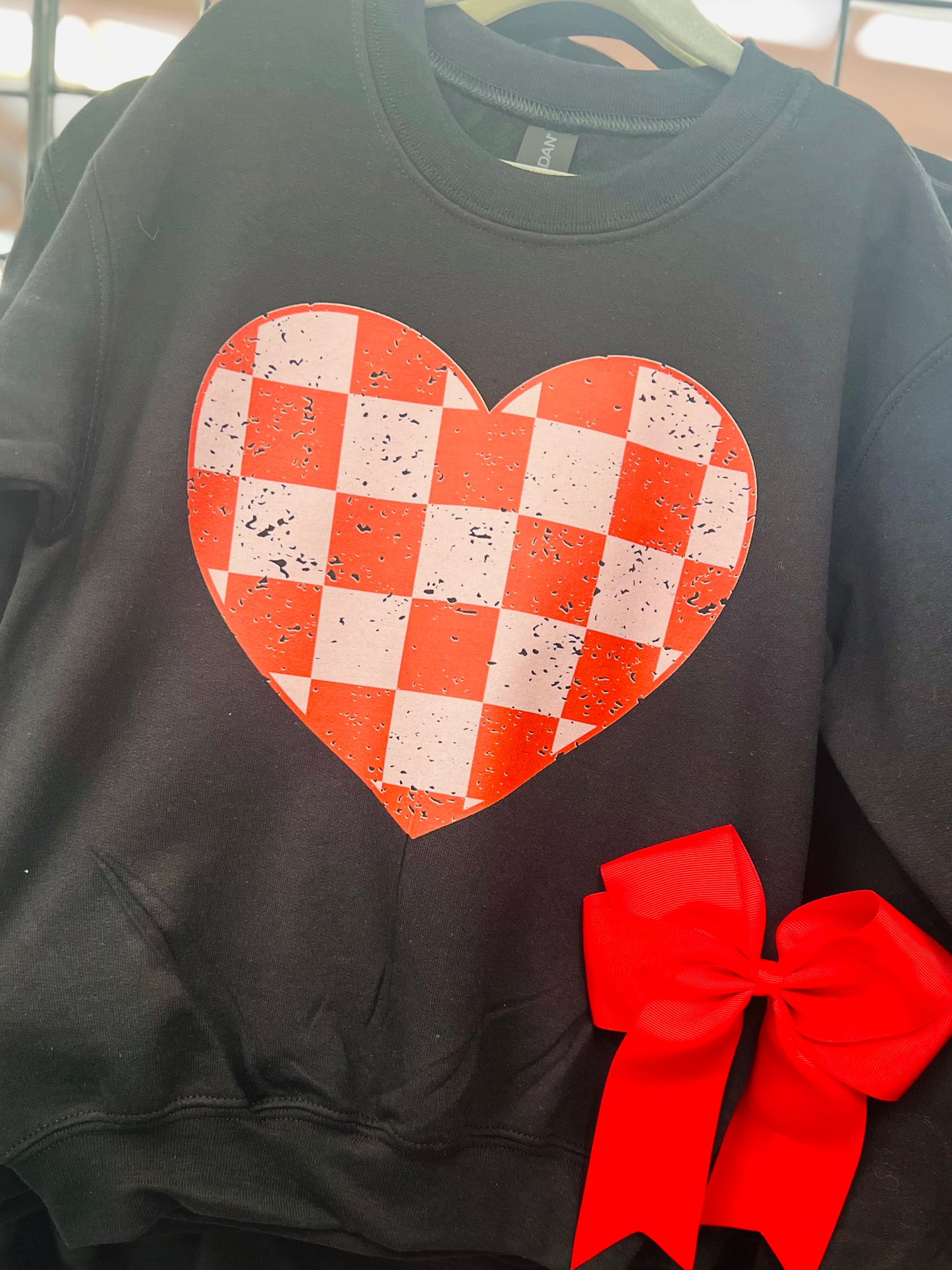 Checkered Heart Black Crewneck in Toddler, Youth & Adult