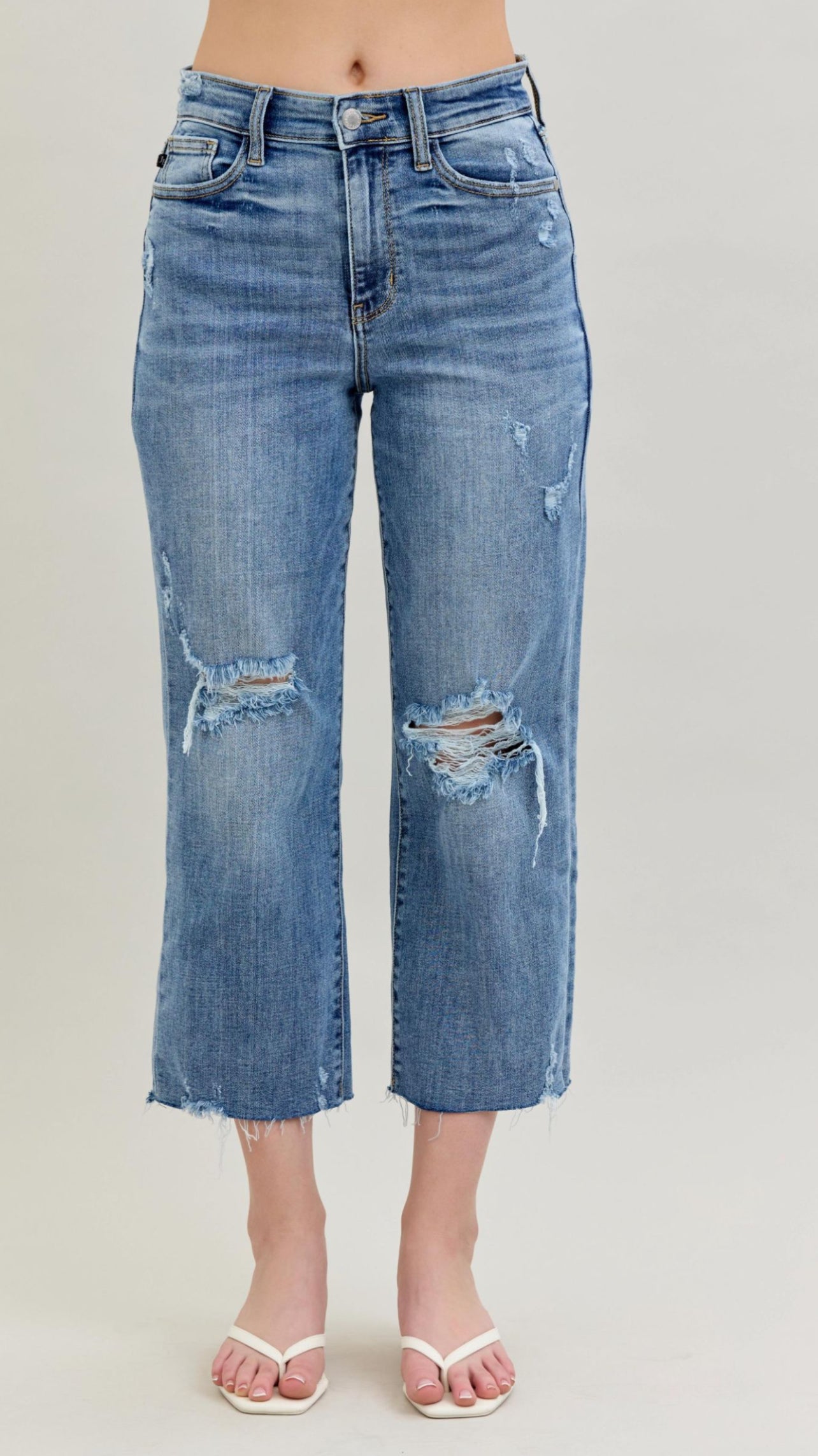 High Waist Distressed Crop Wide Leg Jeans