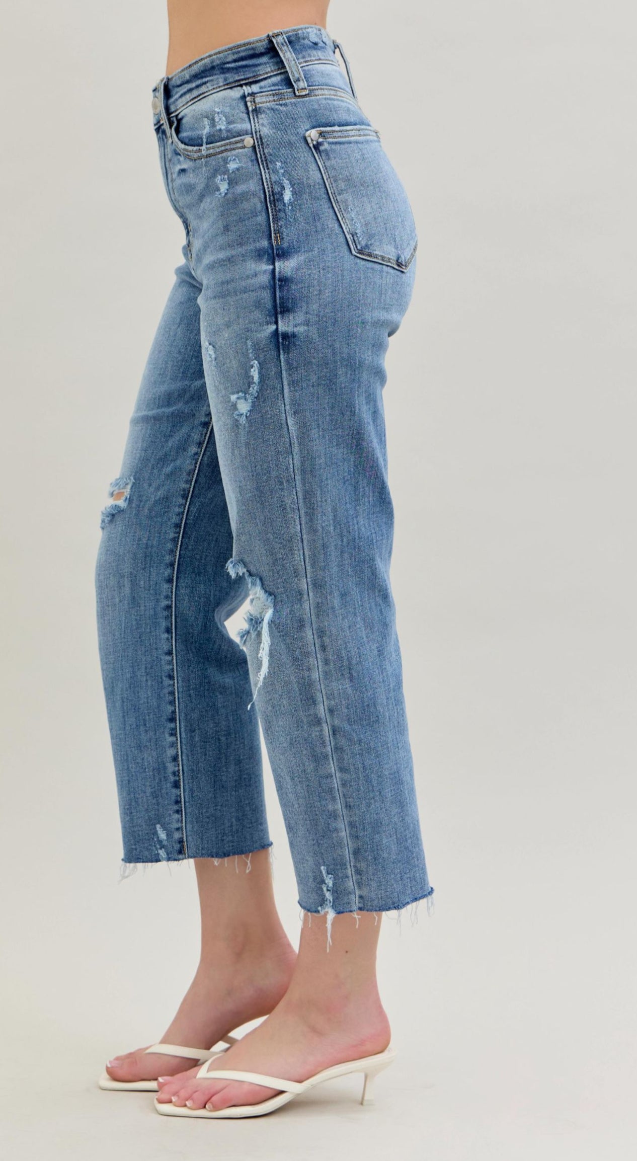 High Waist Distressed Crop Wide Leg Jeans