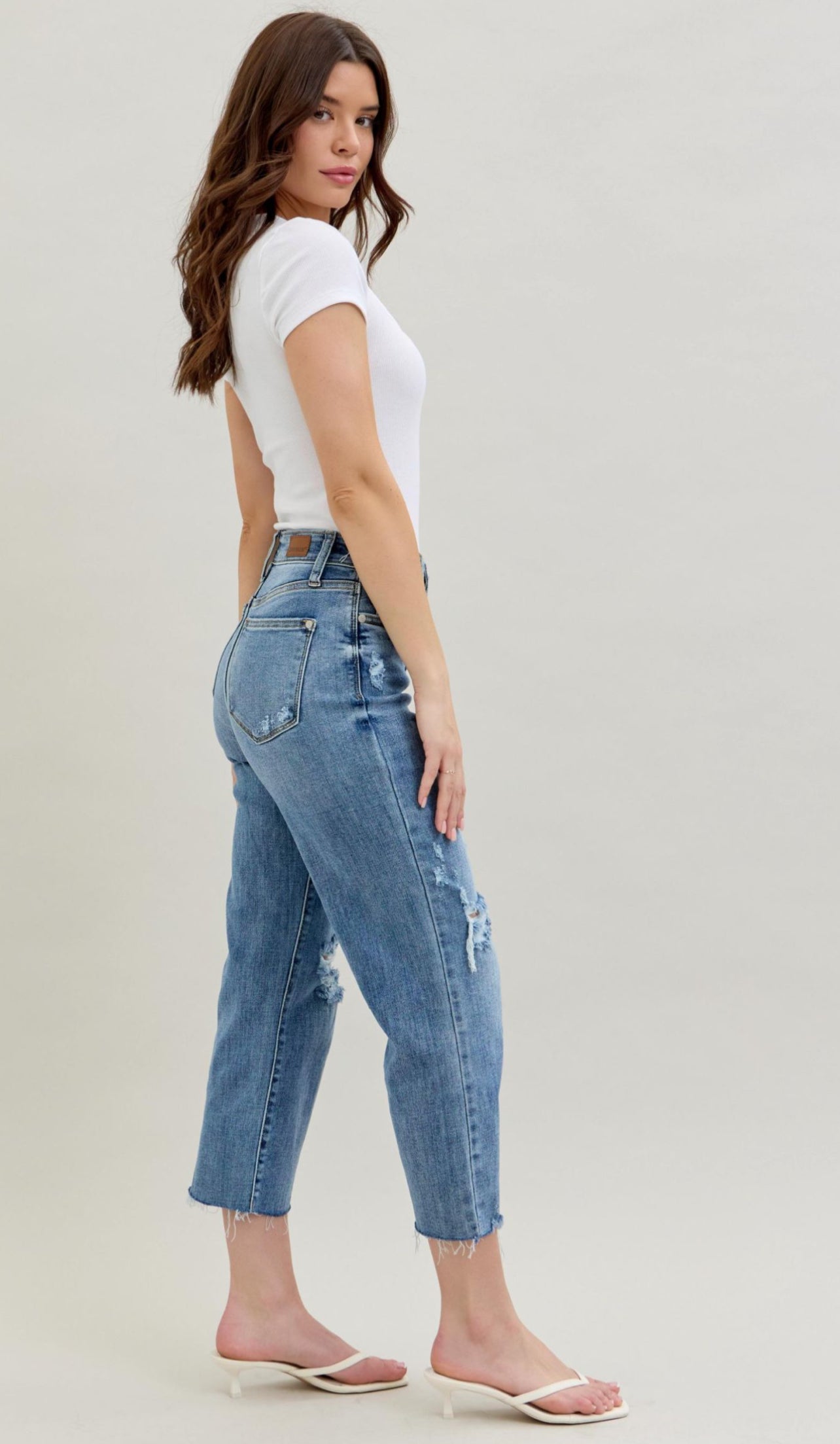 High Waist Distressed Crop Wide Leg Jeans