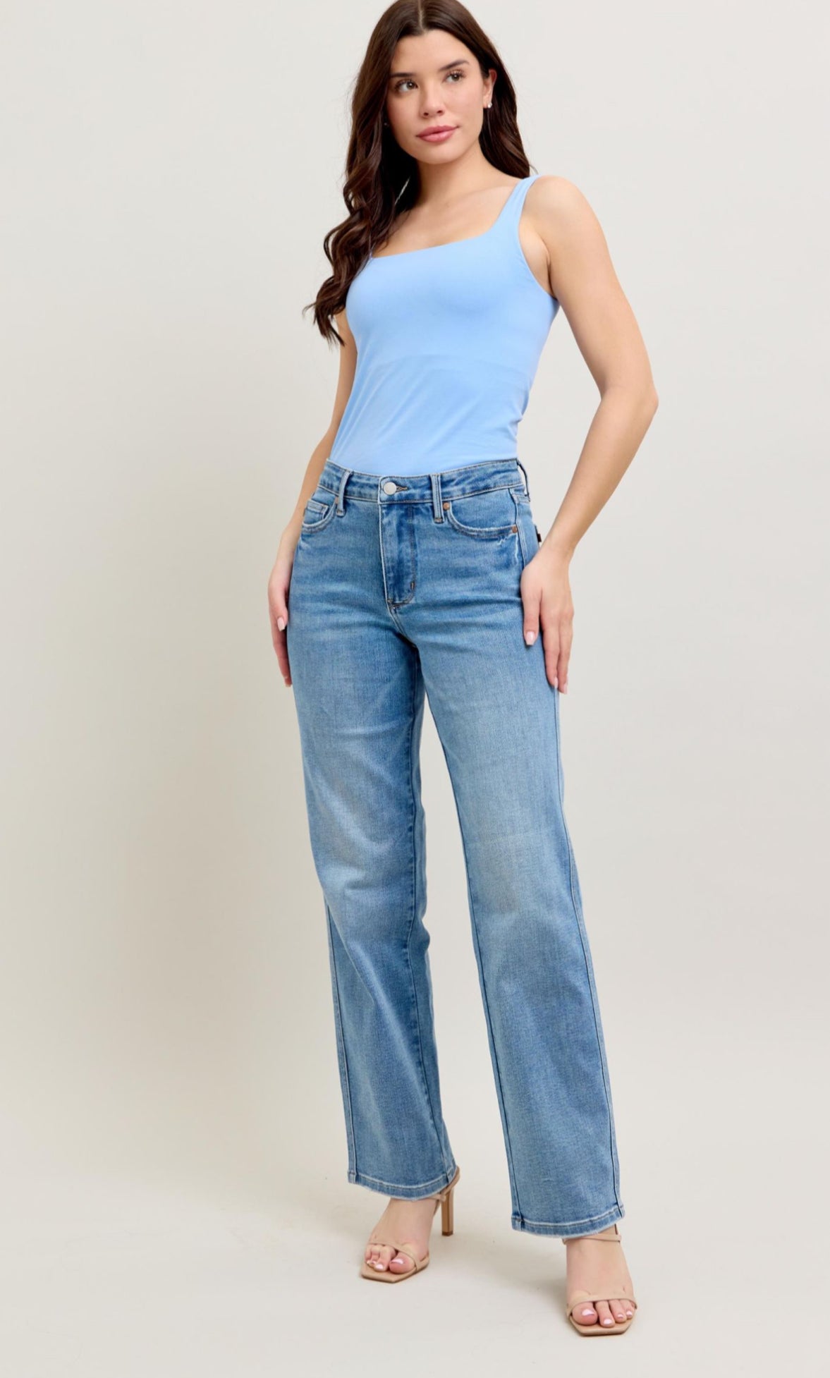 Mid Rise Tummy Control Light Wash Straight Leg Jeans