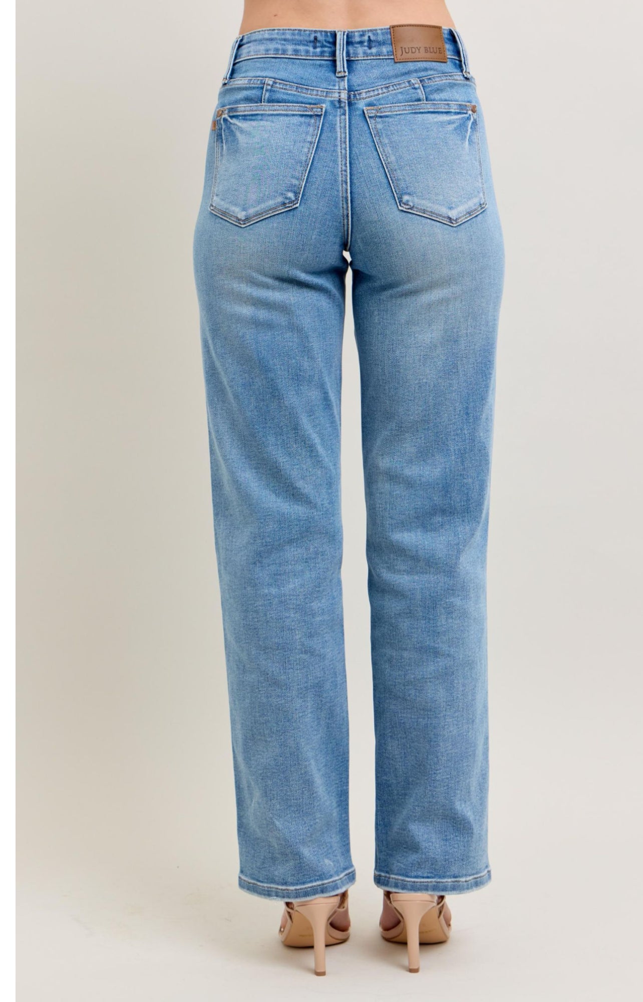 Mid Rise Tummy Control Light Wash Straight Leg Jeans
