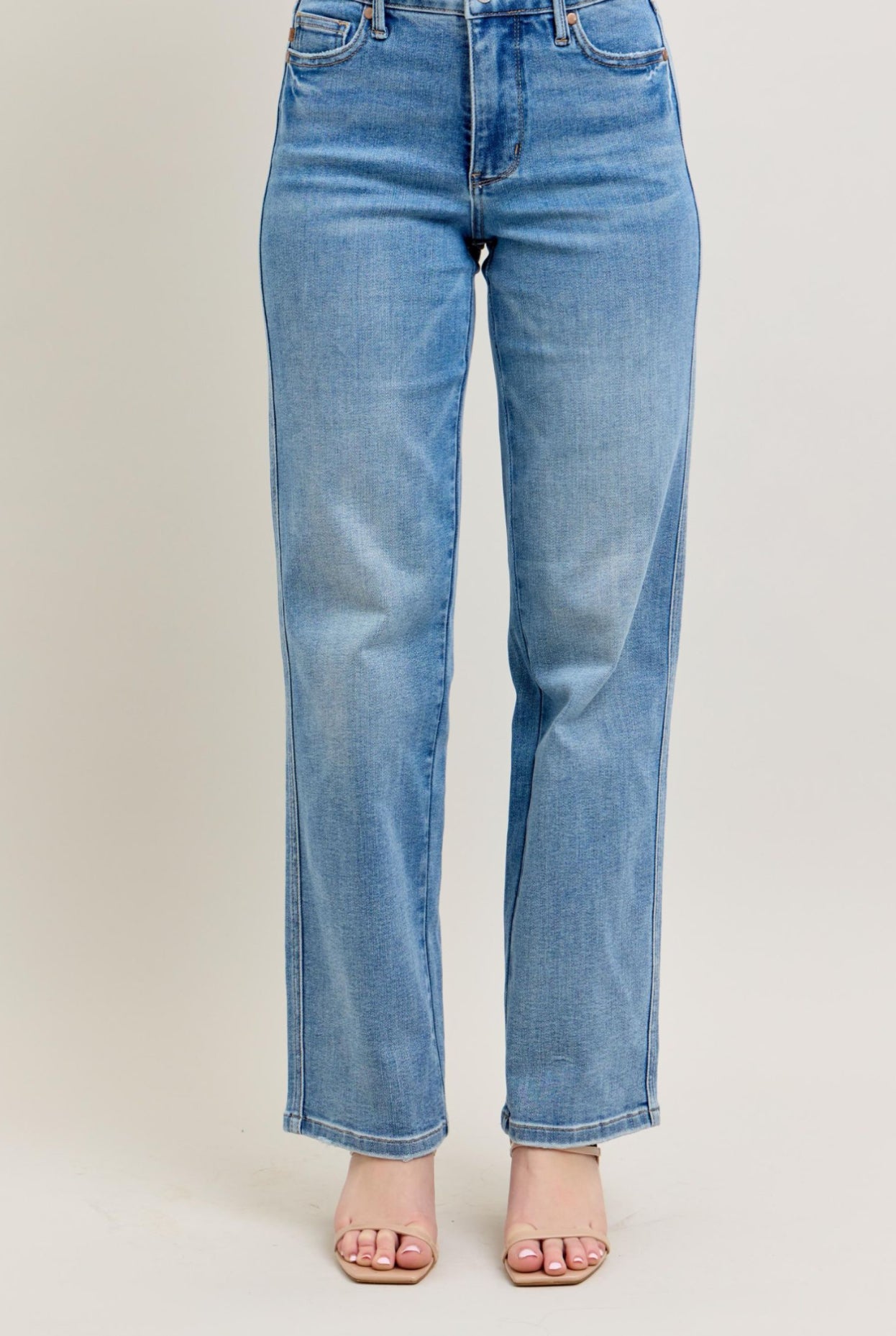 Mid Rise Tummy Control Light Wash Straight Leg Jeans