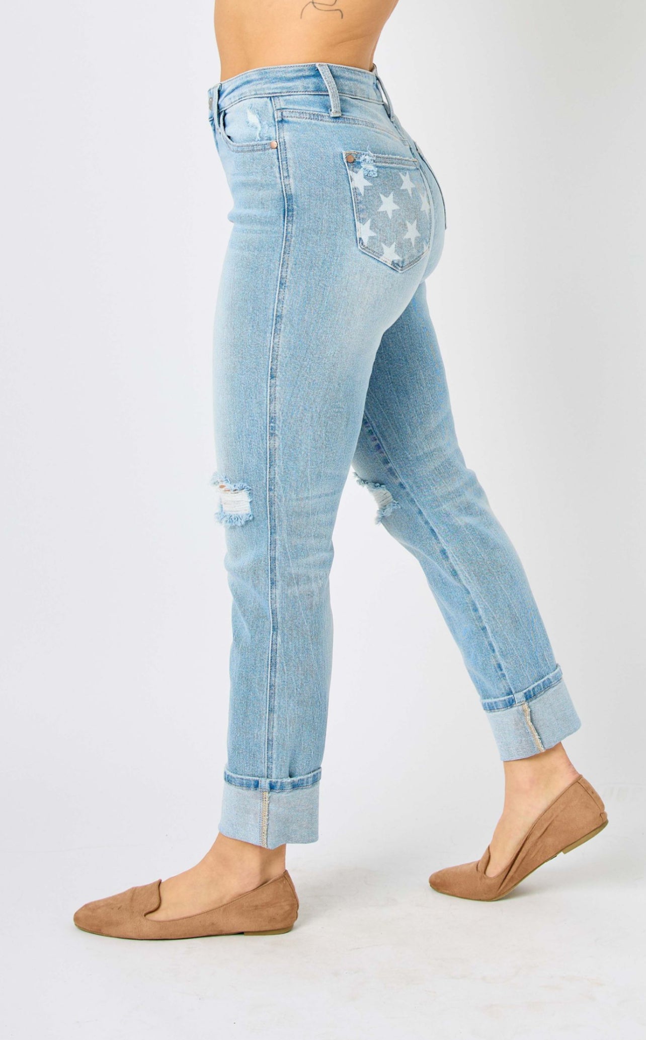 Mid Rise Star Pocket Cuff Boyfriend Jeans