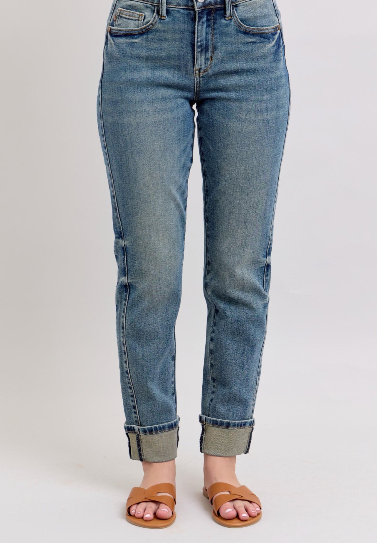Mid Rise Vintage Wash Boyfriend Cuff Jeans