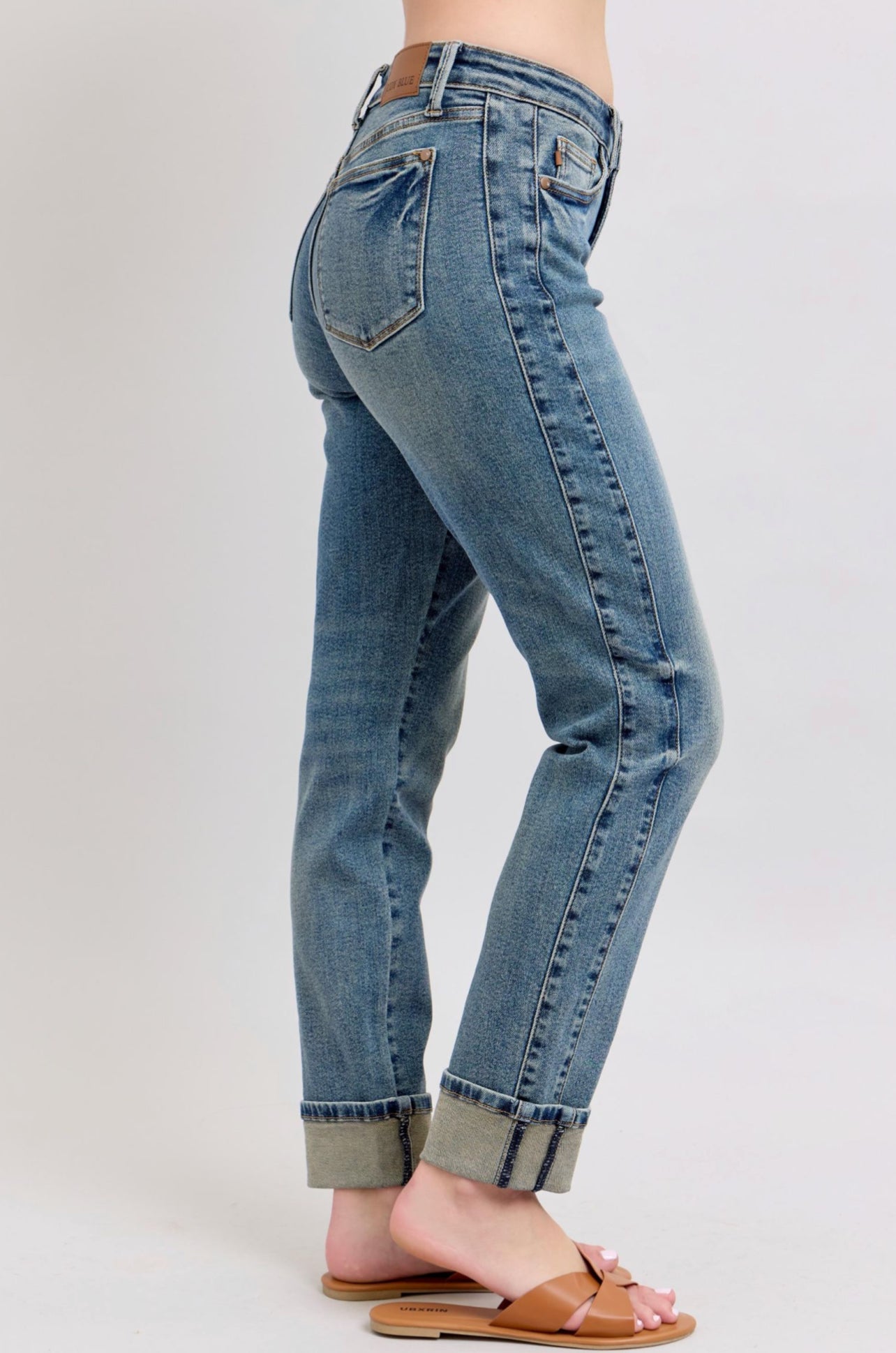 Mid Rise Vintage Wash Boyfriend Cuff Jeans