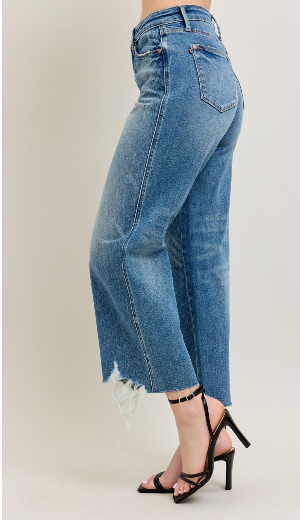 High Rise Medium Wash Distressed Hem Rigid Magic Cropped Wide Leg