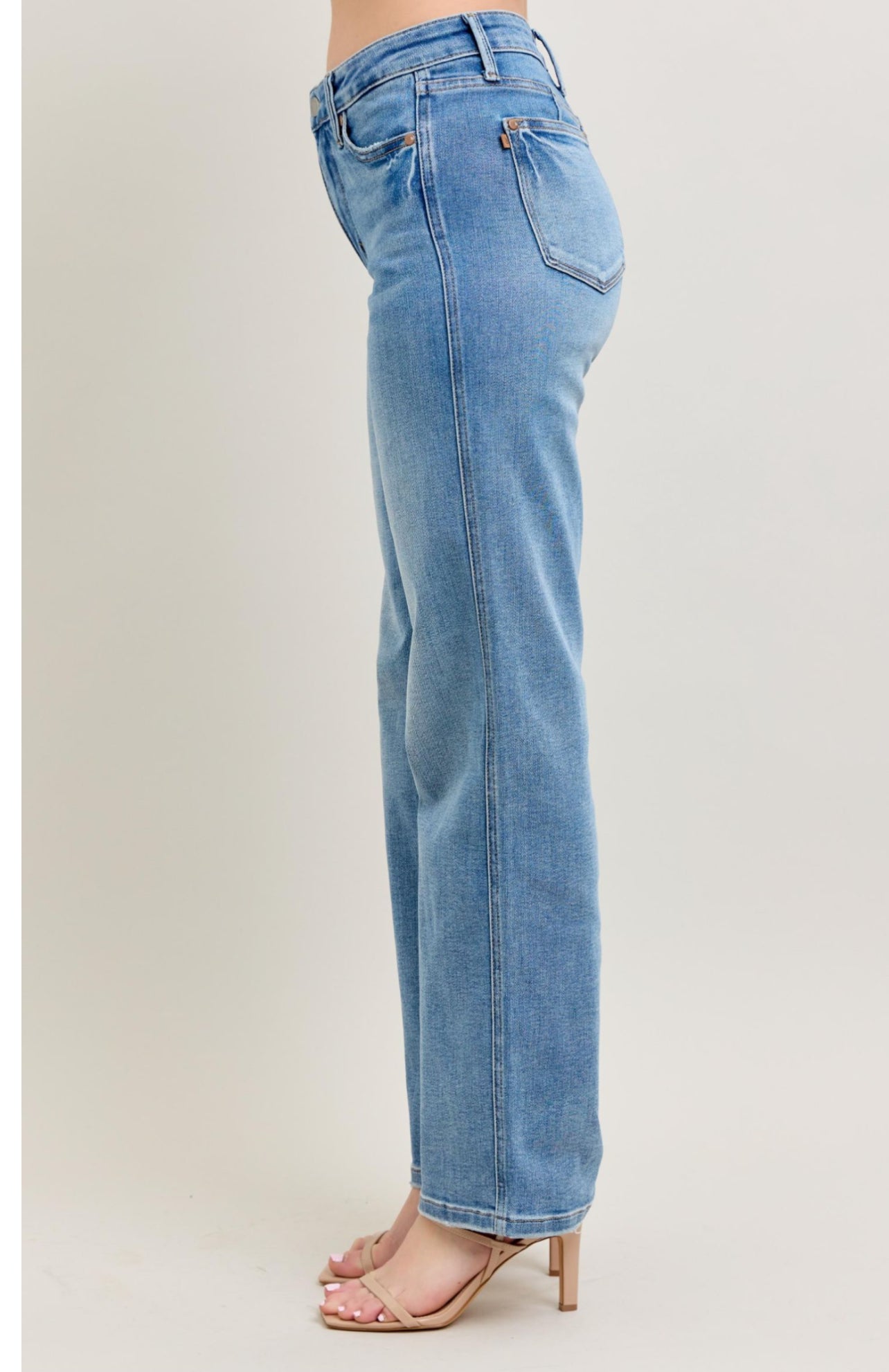 Mid Rise Tummy Control Light Wash Straight Leg Jeans
