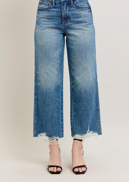 High Rise Medium Wash Distressed Hem Rigid Magic Cropped Wide Leg