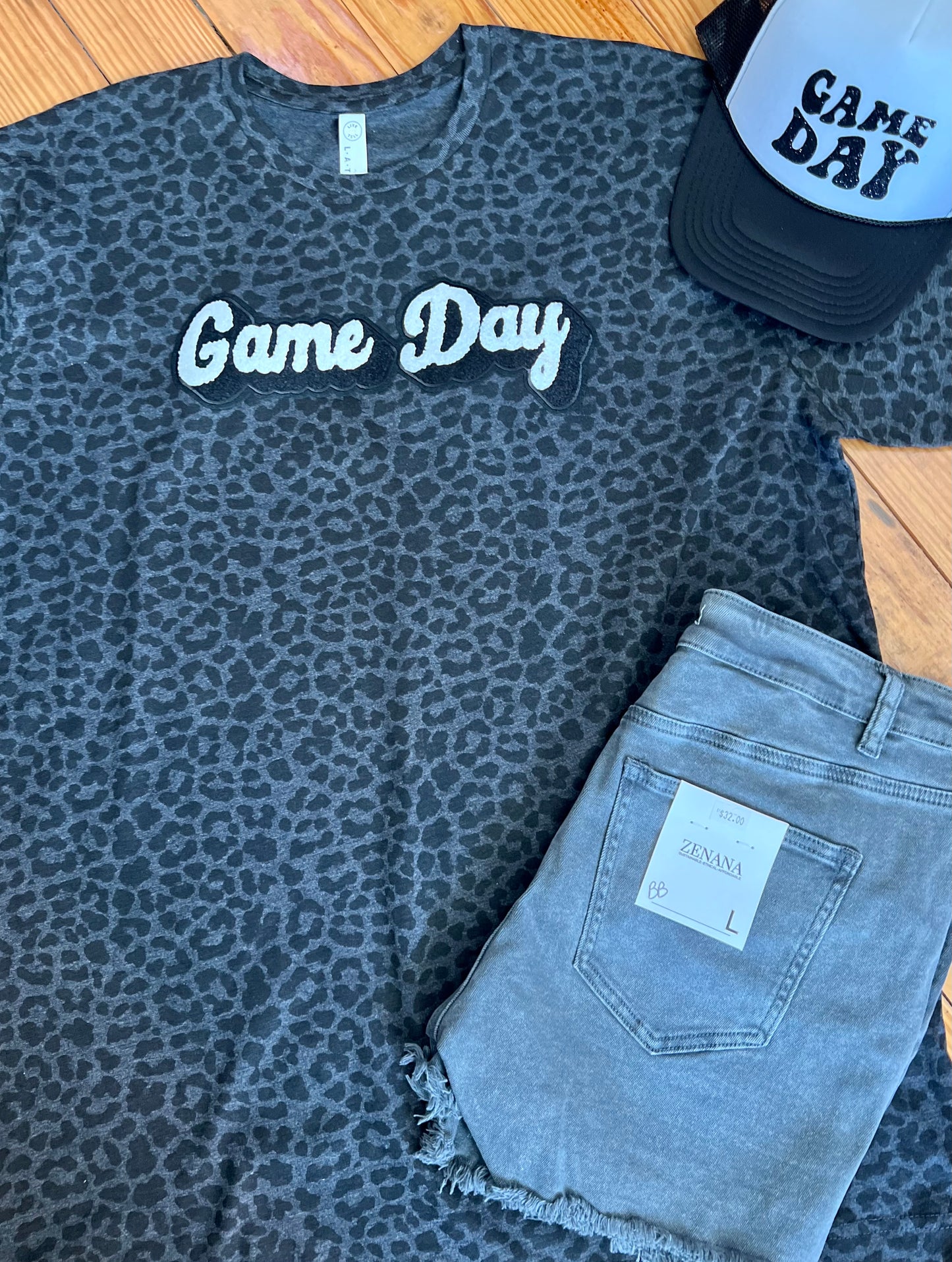 Game Day chenille patch on leopard Tee